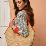 Orange Raffia Shopper Bag