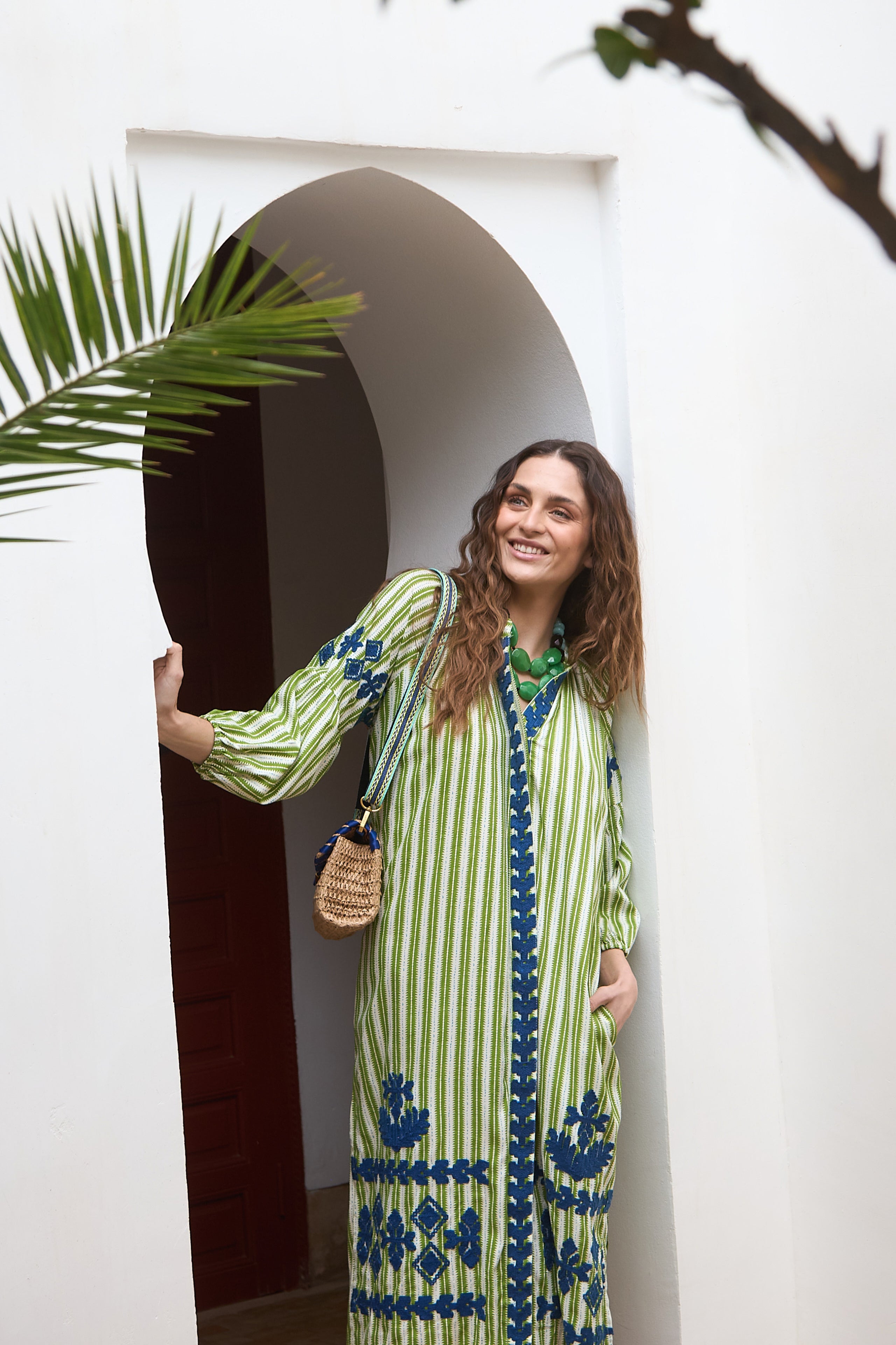 Kurta Rayas Bordada Líneas Verde/Blanco