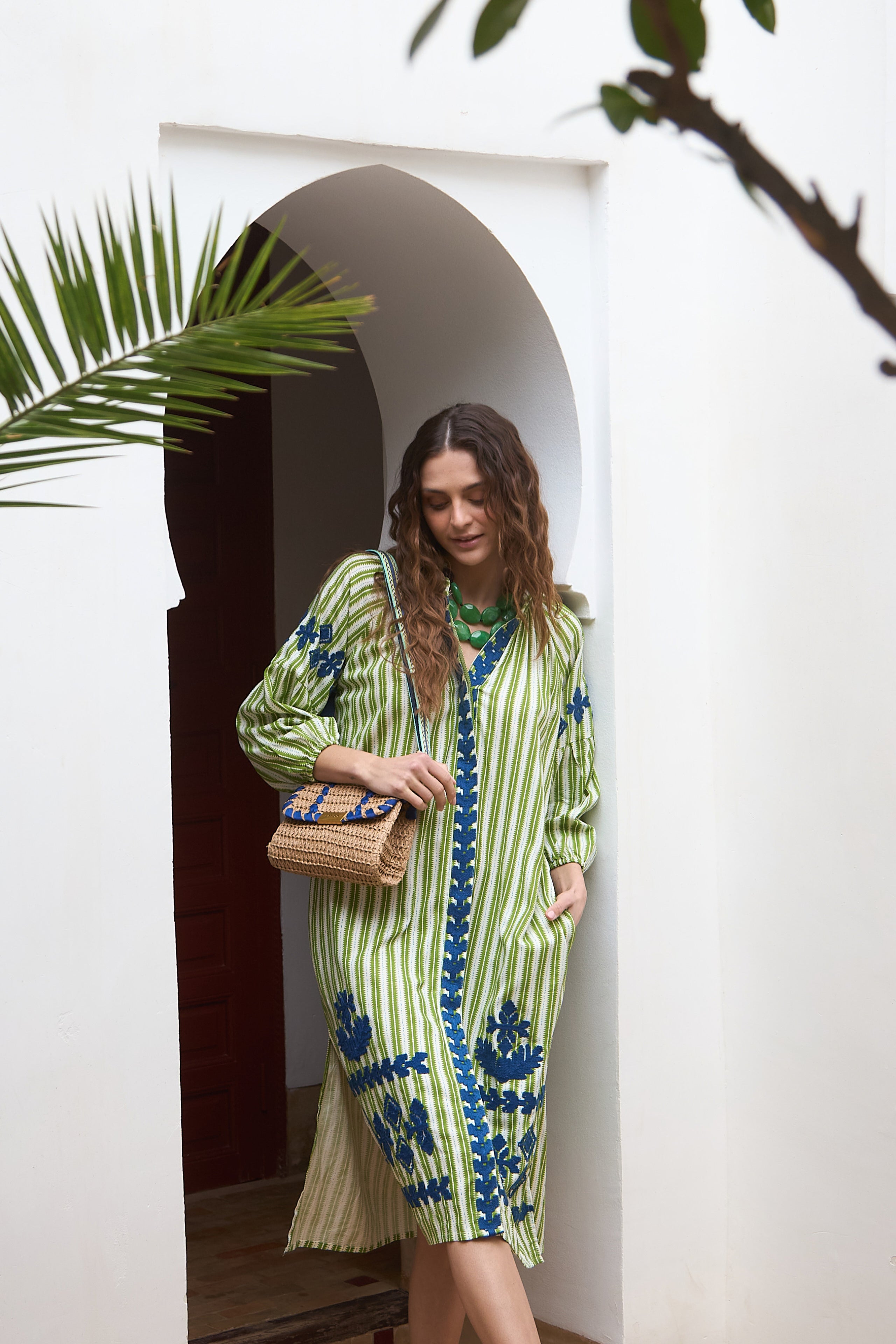 Kurta Rayas Bordada Líneas Verde/Blanco