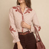 Blusa Cuadros Bordada Burdeos