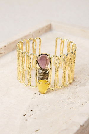 Pulsera piedras semipreciosas y latón Amarillo/Gris/Morado