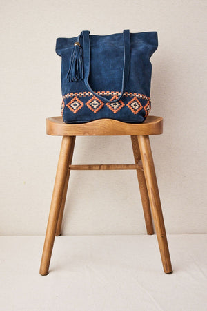 Leather Shopper Bag with Ethnic Embroidery