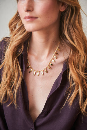 Green Teardrop Stone and Brass Necklace