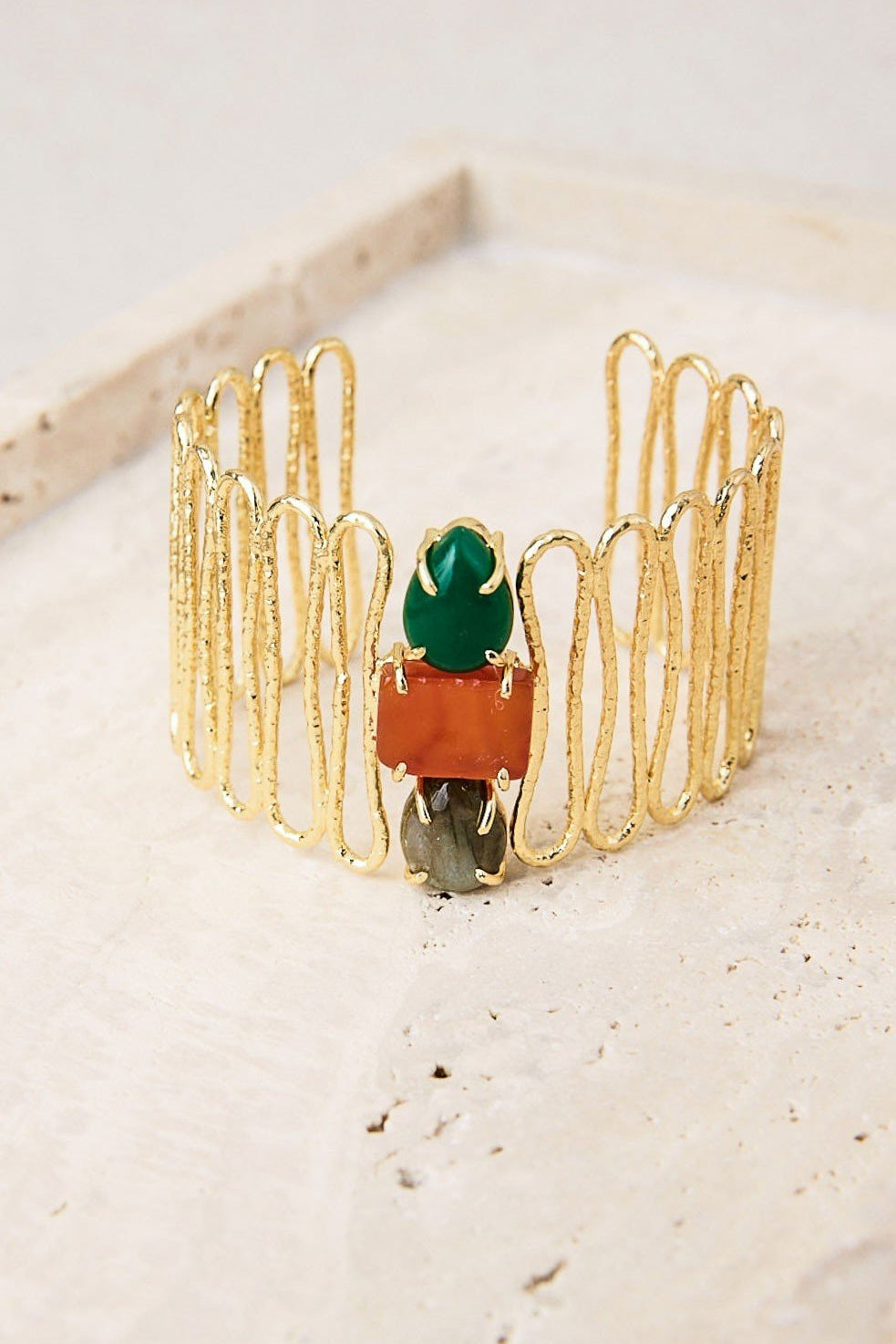 Pulsera piedras semipreciosas y latón Verde/Naranja/Gris