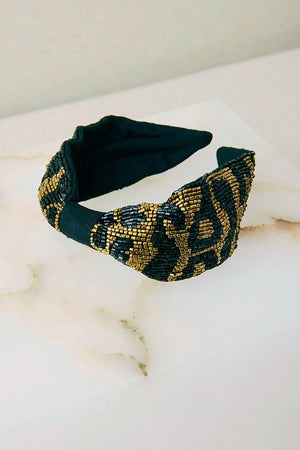 Embroidered Headband Animal Print Gold