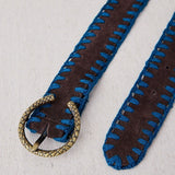 Leather Belt with Blue Crochet Trim