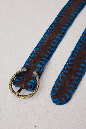 Leather Belt with Blue Crochet Trim