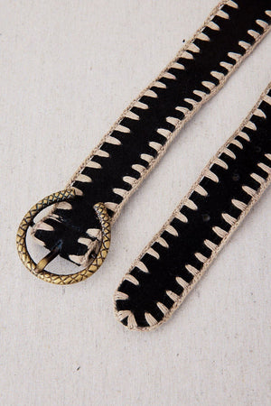 Leather Belt with Black Crochet Trim