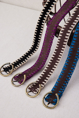 Leather Belt with Purple Crochet Trim