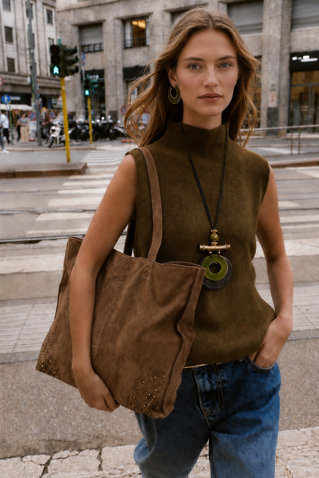 Bolso Shopper de Piel con Tachuelas Marrón