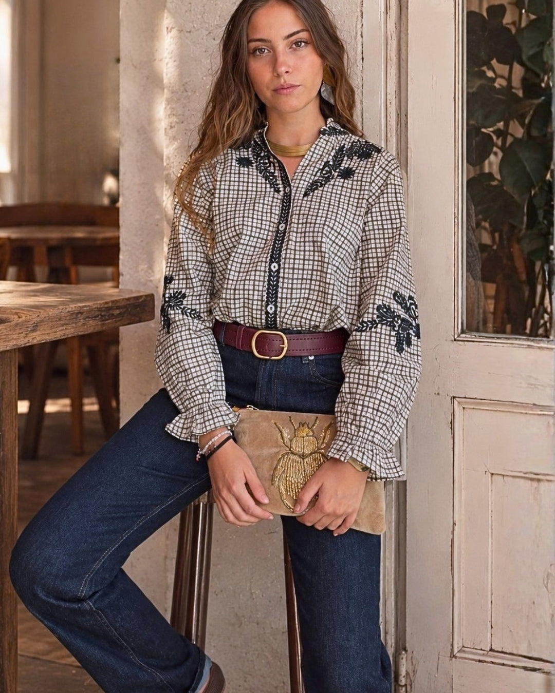 Blusa Cuadros Bordada Azul