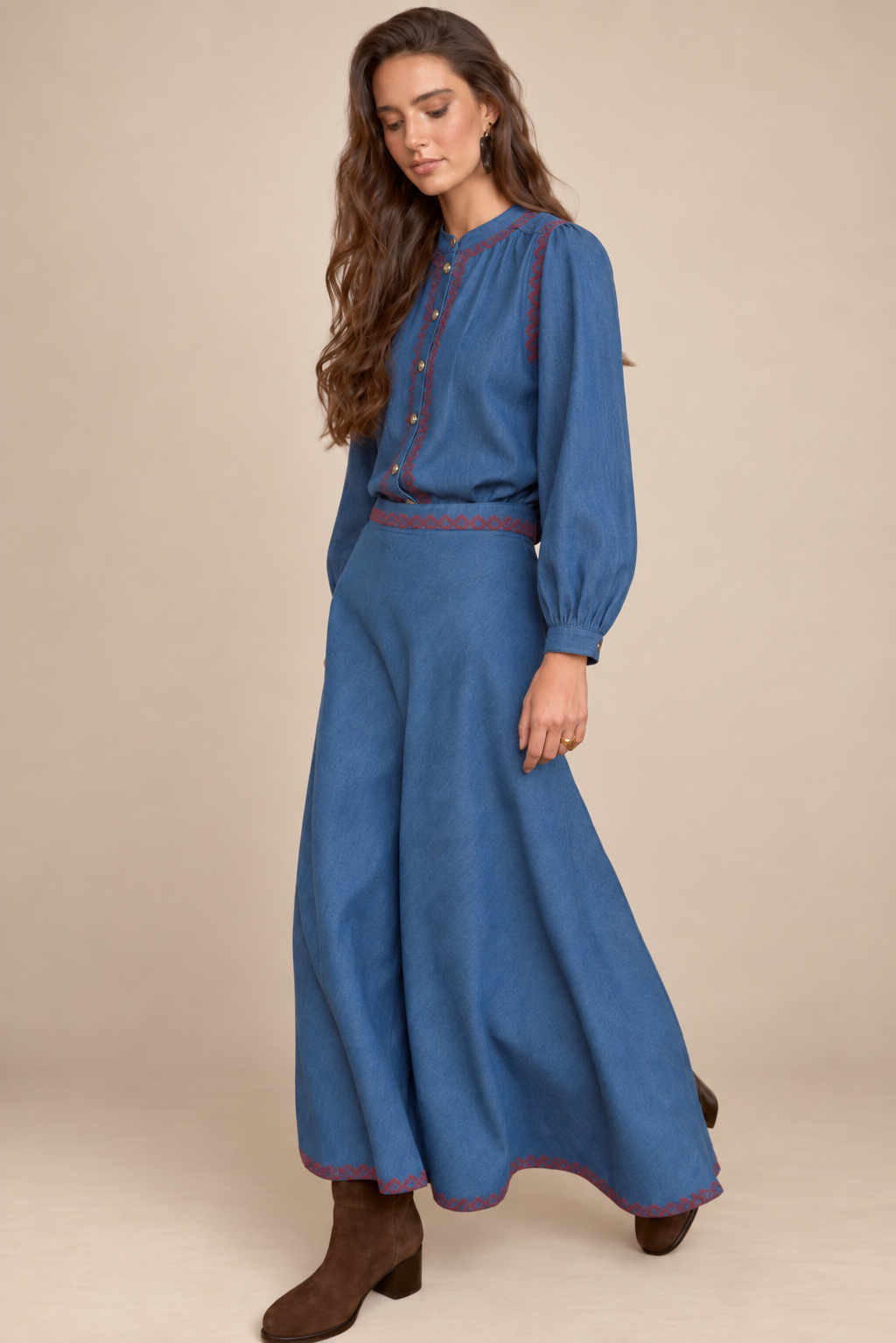 Falda Denim Bordada Roja