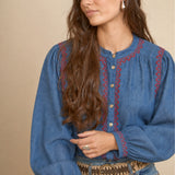 Blue Boho Embroidered Blouse