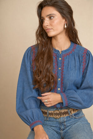 Blue Boho Embroidered Blouse