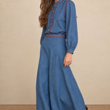 Blue Boho Embroidered Blouse