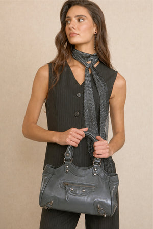 Grey Crocheted Trim Flap Bag