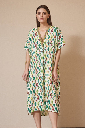 Vestido Cuello V Rombos Verde