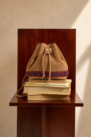 Embroidered Leather Mini Bucket Bag