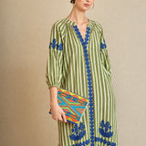 Kurta Rayas Bordada Líneas Verde/Blanco