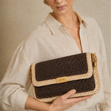 Raffia Midi Flap Bag - Brown