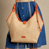 Orange Raffia Shopper Bag