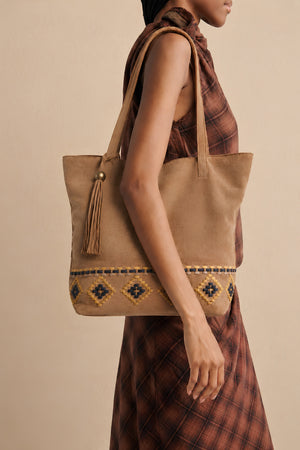 Leather Shopper Bag with Ethnic Embroidery