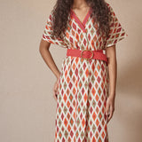 Vestido Cuello V Rombos Naranja