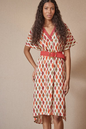 Vestido Cuello V Rombos Naranja