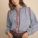 Blusa Cuadros Bordado Geométrico Azul
