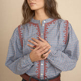 Blusa Cuadros Bordado Geométrico Azul