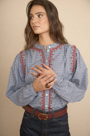 Blue Boho Embroidered Blouse