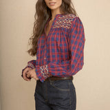Blusa Vichy Bordada Azul