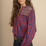 Blusa Vichy Bordada Azul